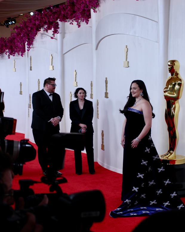 Lily Gladstone arrives at the red carpet of the 96th Academy Awards in Los Angeles. Gladstone is nominated for Best Actress, the first Native American woman nominated in this category. (Jourdan Bennett-Begaye, ICT)