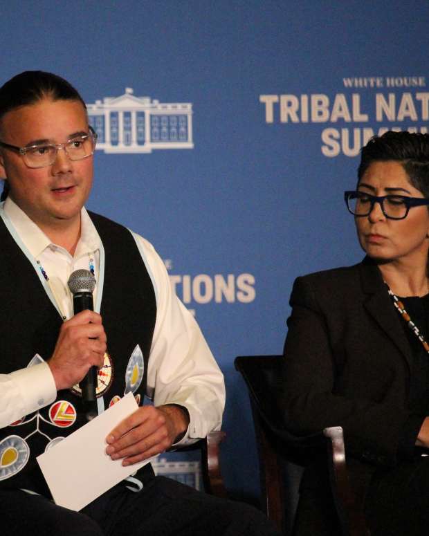 Assistant Secretary of Indian Affairs Bryan Newland, Bay Mills Indian Community, speaks on a panel at the White House Tribal Nations on December 9, 2024, at the Department of Interior in Washington, D.C. (Photo by Taylor Bennett-Begaye)