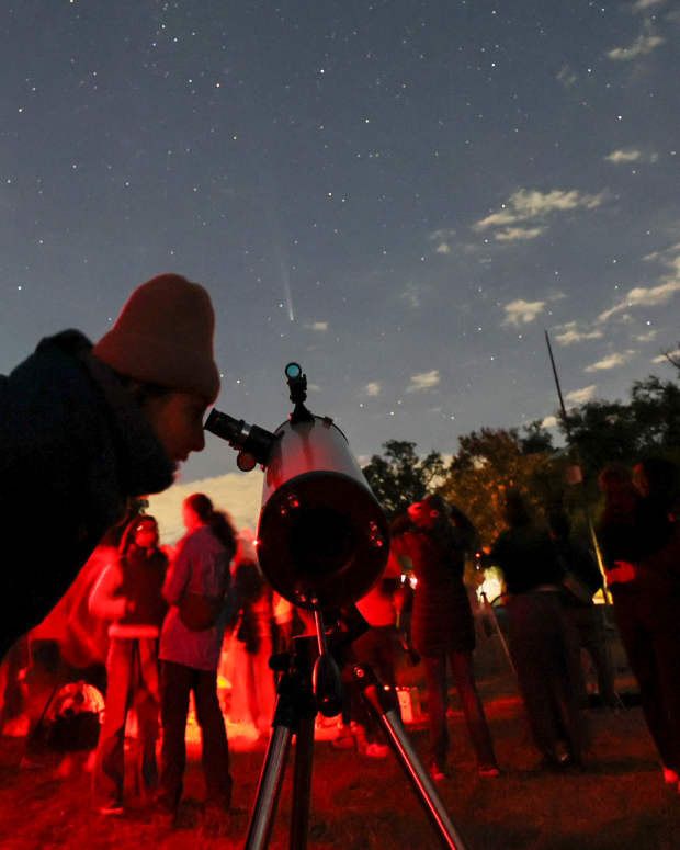 People attend a stargazing and comet-watching gathering at Joya-La Barreta ecological park in Queretaro, Mexico, Saturday, Oct. 19, 2024. (AP Photo/Ginnette Riquelme, File)