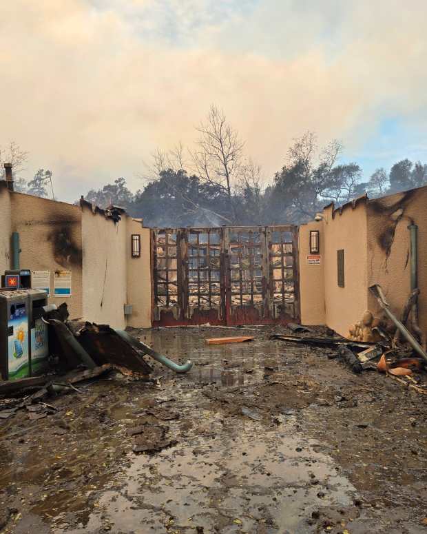 This photo provided by Los Angeles County Department of Parks and Recreation shows wildfire damage at the Eaton Canyon Nature Center on Wednesday, Jan. 8, 2025 Pasadena, Calif. (Los Angeles County Department of Parks and Recreation via AP)   