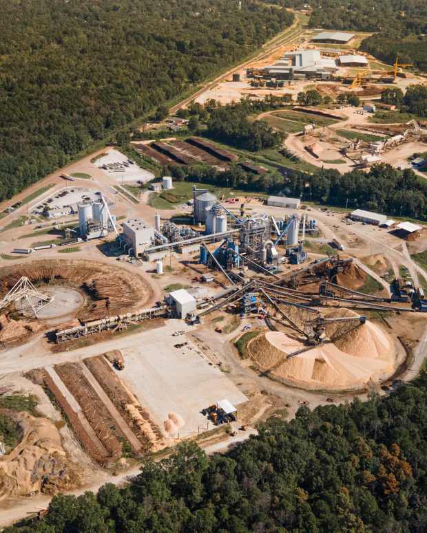 A wood pellet plant operated by U.K.-based energy company Drax Group is seen in Gloster, Miss., in 2024. (The Perfect Shot/Southern Environmental Law Center via AP)  