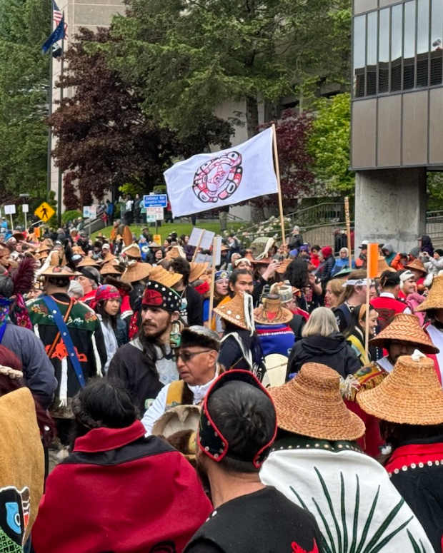 Tlingit, Haida and Tsimshian people gather in Juneau for the opening of Celebration on June 5, 2024. (Photo by James Brooks/Alaska Beacon)