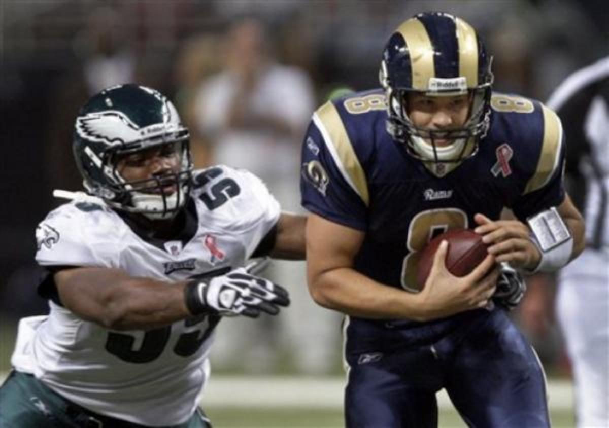 St. Louis Rams quarterback Sam Bradford gets sacked on a third