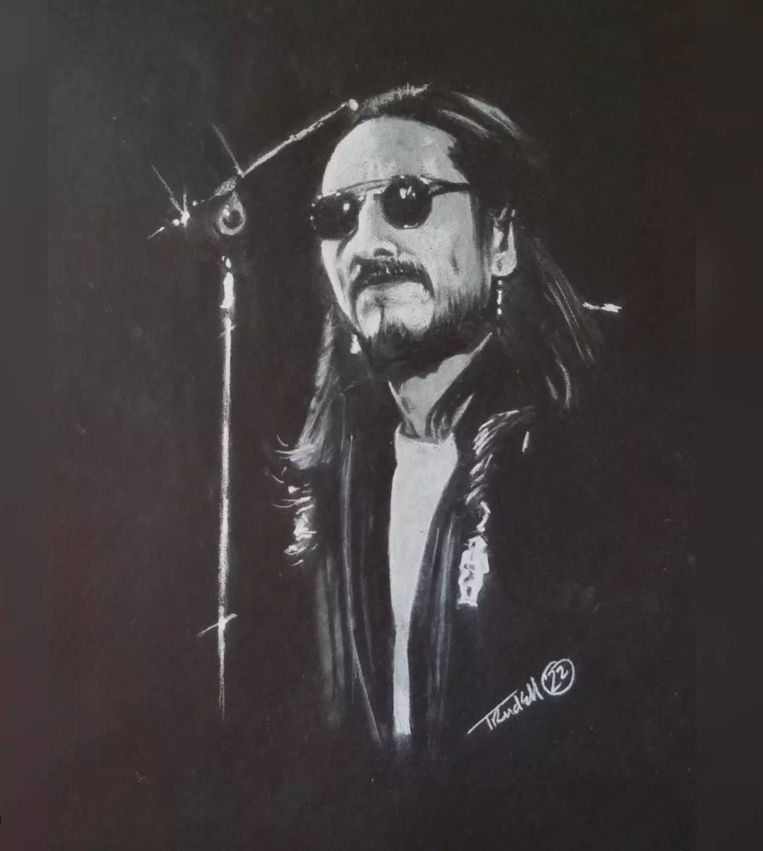 This portrait by artist Wovoka Trudell, Santee Dakota, of his father — storied political activist, poet and musician John Trudell - will be featured in an exhibit of Wovoka's portraits of his father at his OneSixSix gallery in Las Vegas, New Mexico from Jan. 13-28, 2023.  John Trudell was involved in the occupation of Alcatraz in 1969 and became a leader in the American Indian Movement.  He died in 2015. (Photo courtesy of Wovoka Trudell)