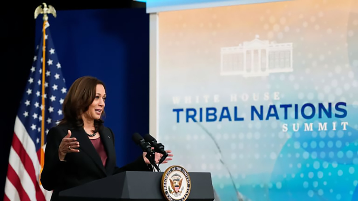 Pictured: Vice President Kamala Harris speaks at the Tribal Nations Summit in the South Court Auditorium on the White House campus, Tuesday, November 16, 2021, in Washington, DC.