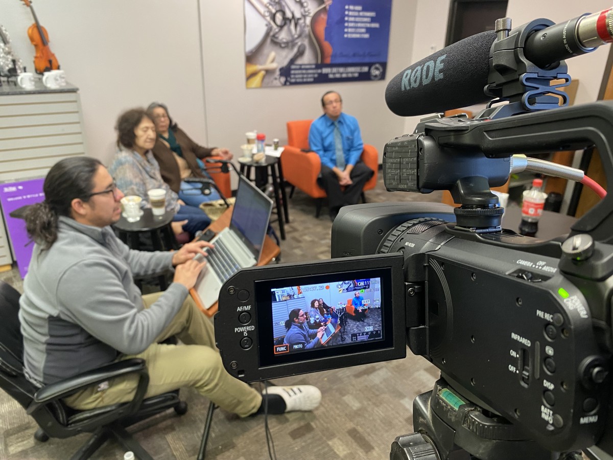 Ray Taken Alive, left, Grace Draskovic, Ruby Shoe String and Myron Uses Arrow translate 2012 "The Avengers" script from English to Lakota-Dakota. More than 60 people participated in Grey Willow Music & Production Studio collaboration with Disney+ Marvel Studios. (Photo courtesy of Lawrence Archambault)