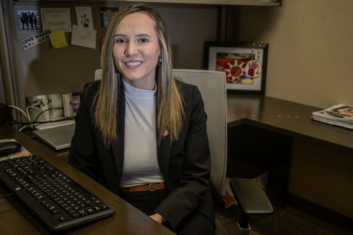 Allison Morrisette sits at her desk as the state of South Dakota's Missing and Murdered Indigenous Persons Coordinator. (Photo by Matt Gade, Rapid City Journal)