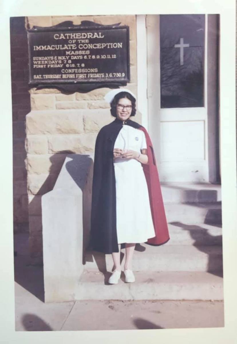 Bev Warne outside the St. John McNamara School of Nursing in Rapid City in 1962.  (Photo courtesy of Jim Warne)