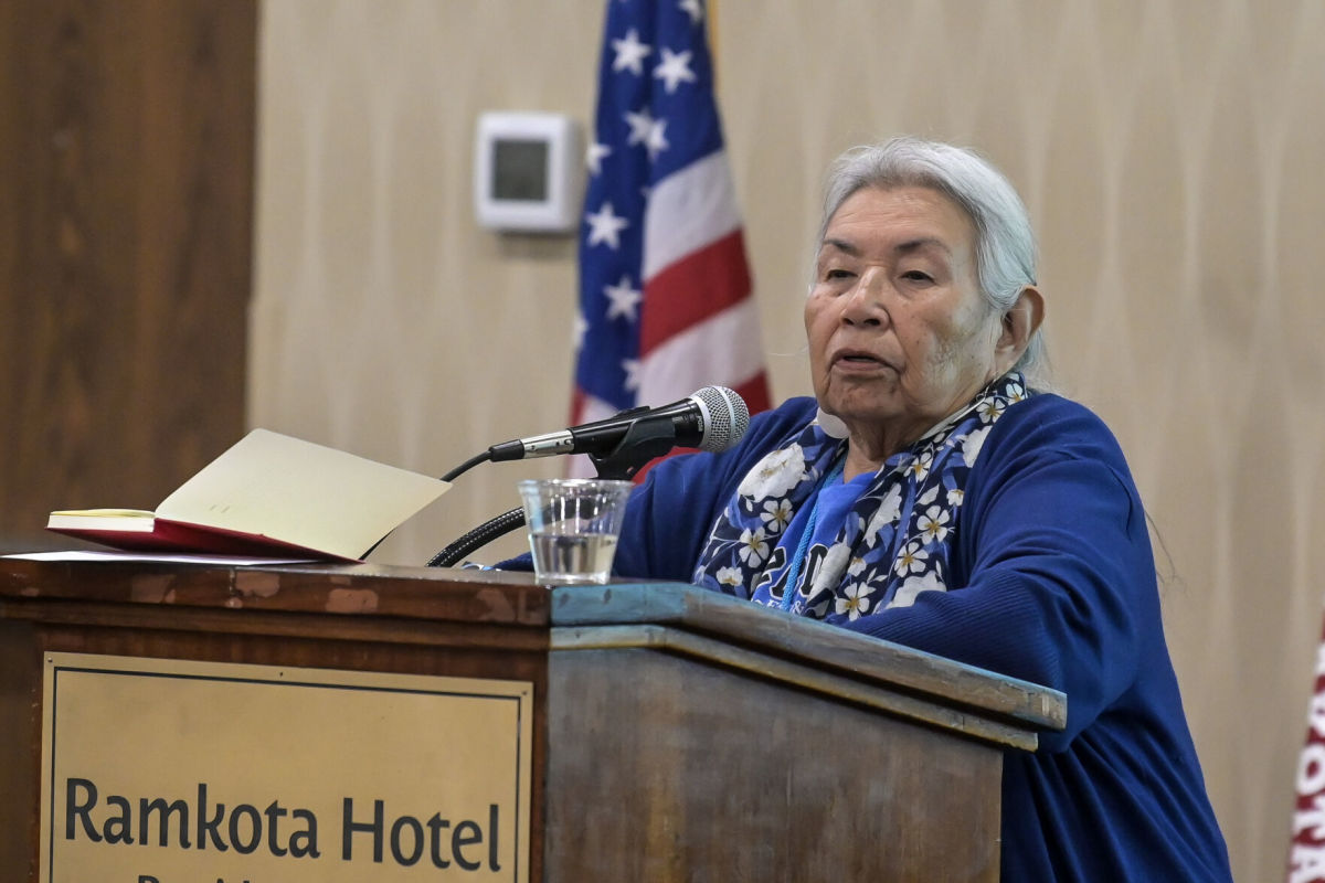 Faith Spotted Eagle presents as the keynote speaker during the MMIP Awareness Prevention Meeting on Thursday at the Ramkota Rapid City. (Photo by Matt Gade, Rapid City Journal)