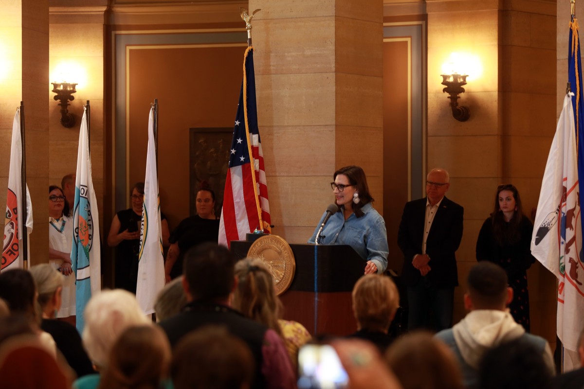 Minnesota Lt. Gov. Peggy Flanagan, White Earth Nation, addresses to the crowd gathered in the rotunda of the Minnesota State Capitol on May 6, 2024, for American Indian Day, hosted by the Minnesota Indian Affairs Council. (Amanda Holmberg, special to ICT)