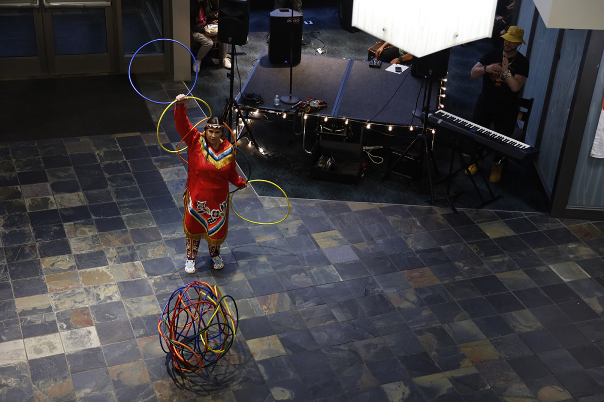 Starr Chief Eagle performs a hoop dance for a crowd of Bethel University students and families. She flew from South Dakota to Minnesota just to perform at the university. (Amy Holmberg, special to ICT)