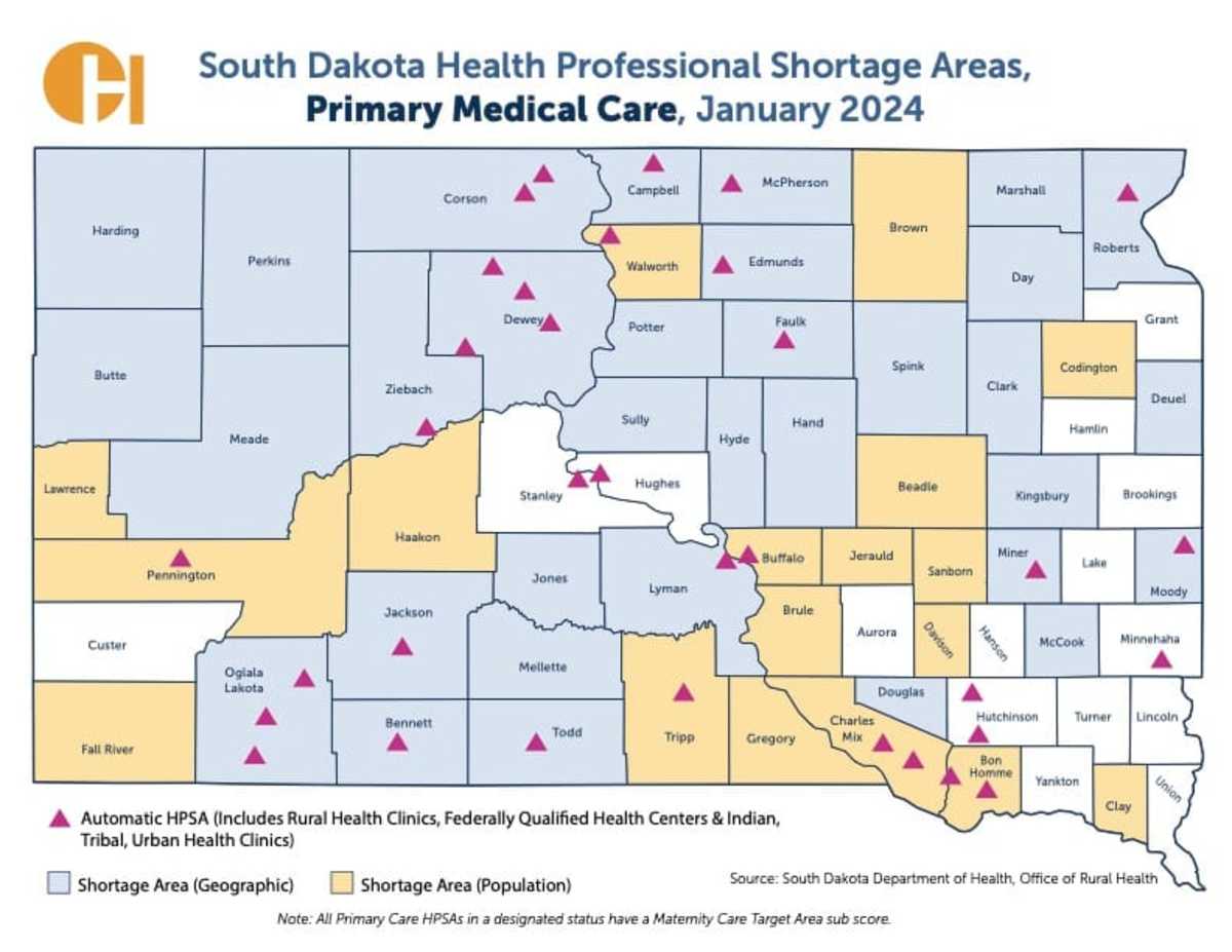 This map shows counties considered by the state Department of Health to have a shortage of primary medical providers. Only the counties shown in white -- 15 of 66 counties in all -- do not have a shortage. (Courtesy S.D. Office of Rural Health)