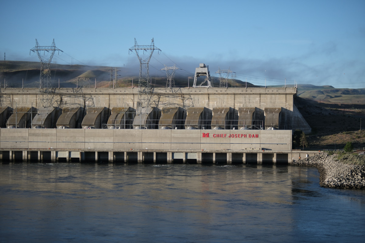 A view of Chief Joseph Dam, outside of Bridgeport , Wash., on May 23, 2024, as The Confederated Tribes of the Colville Reservation celebrate their First Salmon Ceremony. This is the last place anadromous salmon can reach as they swim upstream from the Pacific Ocean as there is no fish ladder allowing them to navigate through the dam. (Photo by: Alex Milan Tracy/Underscore News)