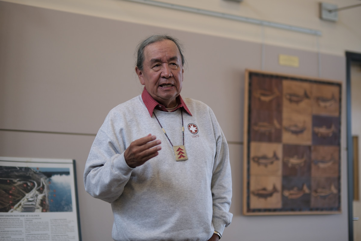 Member and elder of The Confederated Tribes of the Colville Reservation, Randy Lewis, welcomes the gathered community at the Chief Joseph Hatchery during the First Salmon Ceremony outside of Bridgeport, Wash, on May 23, 2024. (Photo by: Alex Milan Tracy/Underscore News)