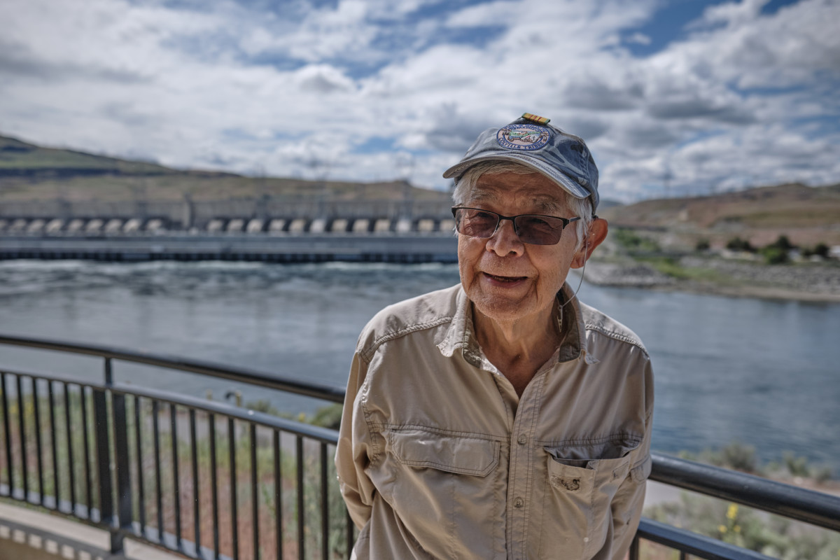 Stephen Noyes, an elder citizen of The Confederated Tribes of the Colville Reservation, attends the First Salmon Ceremony at Chief Joseph Hatchery outside of Bridgeport, Wash., May 23, 2024. (Photo by: Alex Milan Tracy/Underscore News)