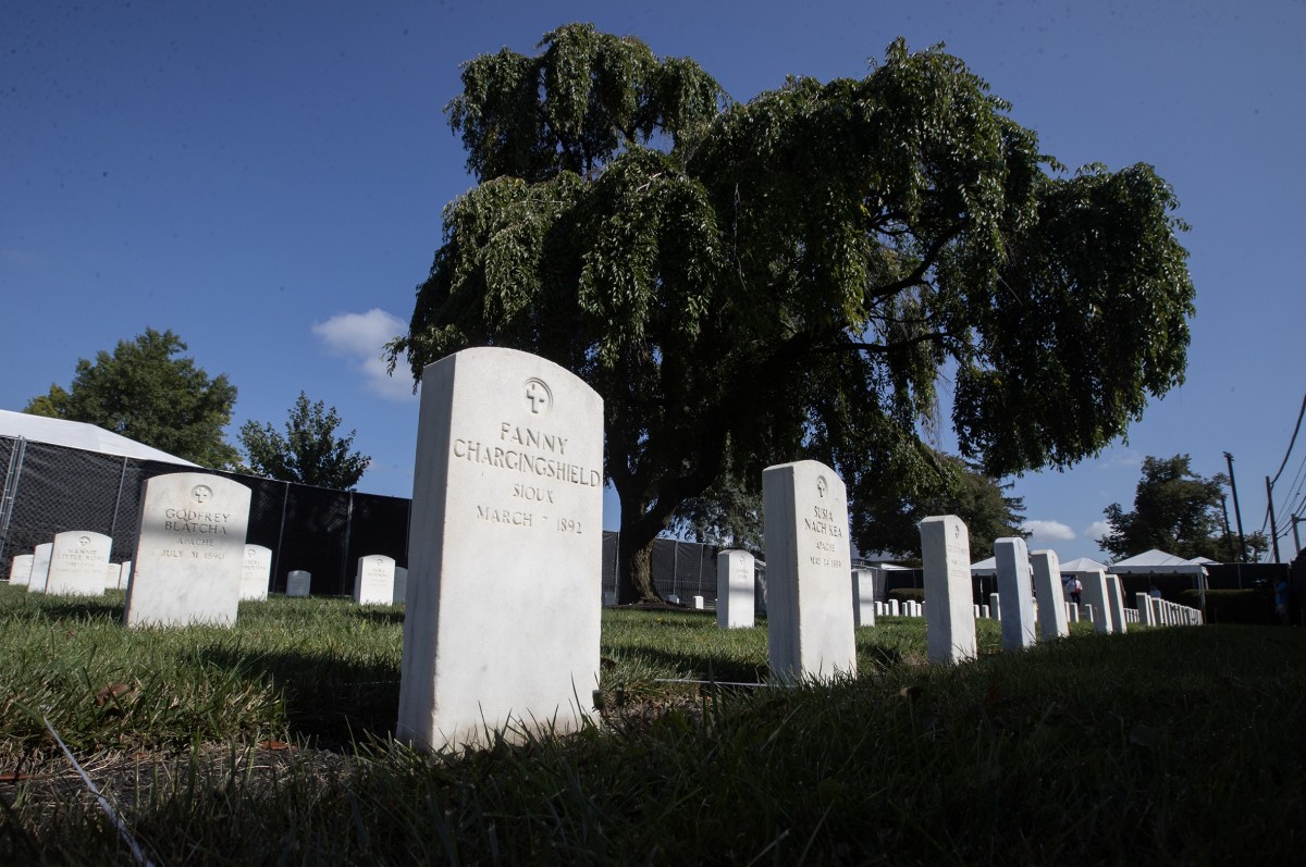 The grave of Fannie Charging Shield, shown here on Sept. 5,  2024, in the Carlisle Barracks Post Cemetery. Fannie, just 17, was among 11 Native youths disinterred from the Carlisle cemetery in Pennsylvania starting Sept. 6, 2024, and repatriated to their homelands. Fannie was one of three Oglala youths returned to Pine Ridge for reburial, along with Samuel Flying Horse and James Cornman. (Photo by Charles Fox, special to ICT)