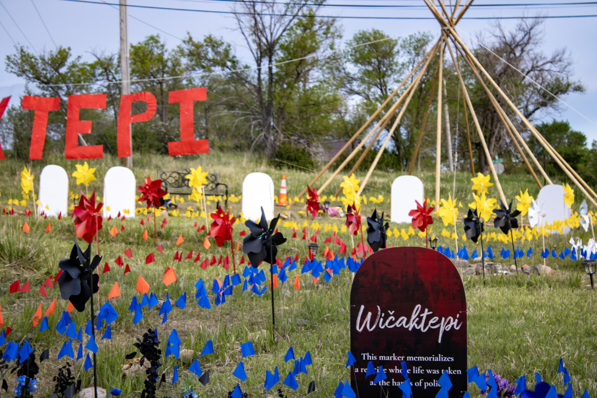 The NDN Collective's Wičaktepi Remembrance Garden was unveiled on May 24 in Rapid City. The garden is a space for community members who lost loved ones in police-involved shootings. Each marker represents someone who died. (Photo by Amelia Schafer, ICT/Rapid City Journal)