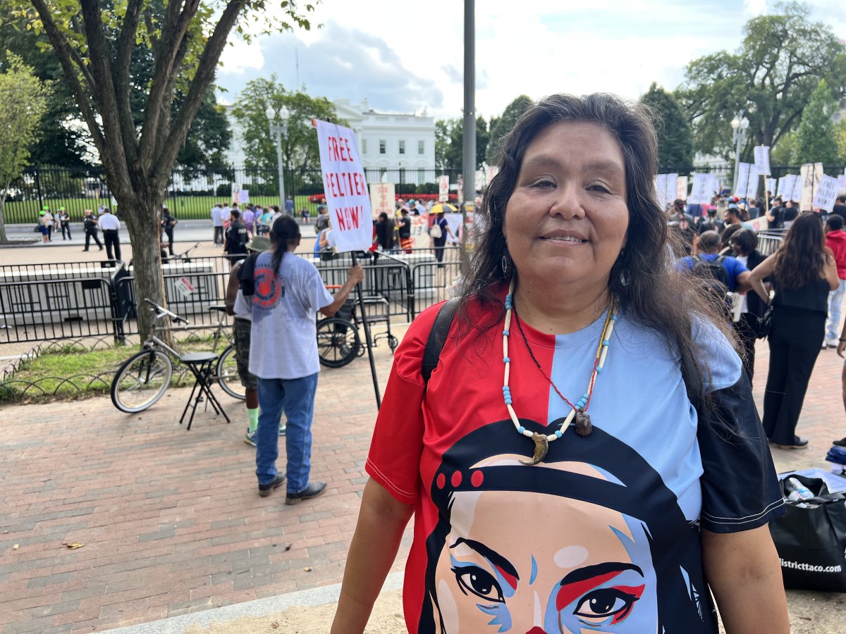 Kathy Peltier, daughter of Leonard Peltier, attended the the Free Leonard Peltier 79th Birthday Action in Washington, D.C. Kathy is Navajo and Turtle Mountain Ojibwe. (Jourdan Bennett-Begaye, ICT)