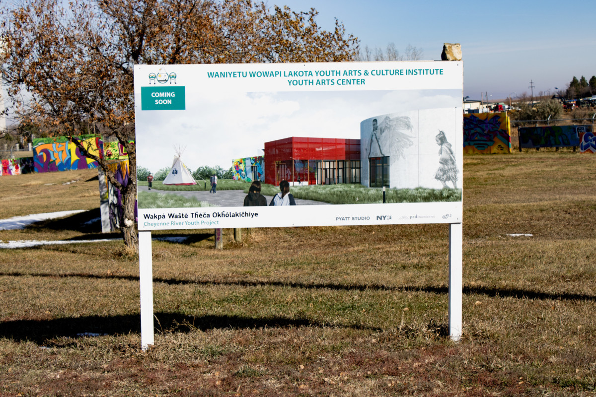 A rendering of the future Cheyenne River Youth Project art center sits in its future location in the Winter Counts art park. The building will provide space for CRYP art interns and fellows to showcase their work and be creative. (Photo by Amelia Schafer, ICT/Rapid City Journal)