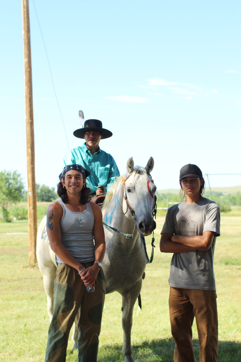 Mato Wayuhi (left), Ta-Yamni Long Black Cat (middle), and Robert Patton on the set of "We Got Next" set on the Pine Ridge Reservation. (Photo provided by MTV)