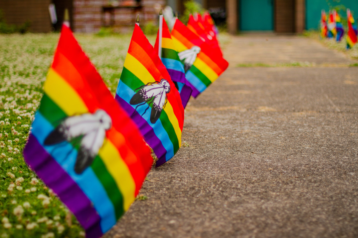 A row of Two-Spirit flags. Photo by Jarrette Werk (Underscore Native News + Report for America)