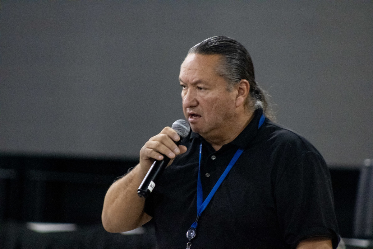 Frank Jameson, Vice-Chair of the Standing Rock Sioux Tribe welcomed guests gathering in Fort Yates, N.D. for a meeting to discuss LandBack. (Photo by Amelia Schafer, ICT/Rapid City Journal)