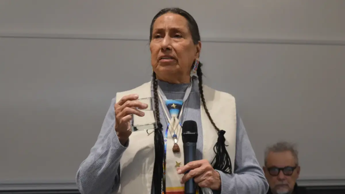 Casey Camp-Horinek, International Rights of Nature tribunal judge and Ponca Nation of Oklahoma elder, said Canadian mining companies are violating the rights of both nature and Indigenous peoples in South America and Serbia. Courtesy of the Global Alliance for the Rights of Nature