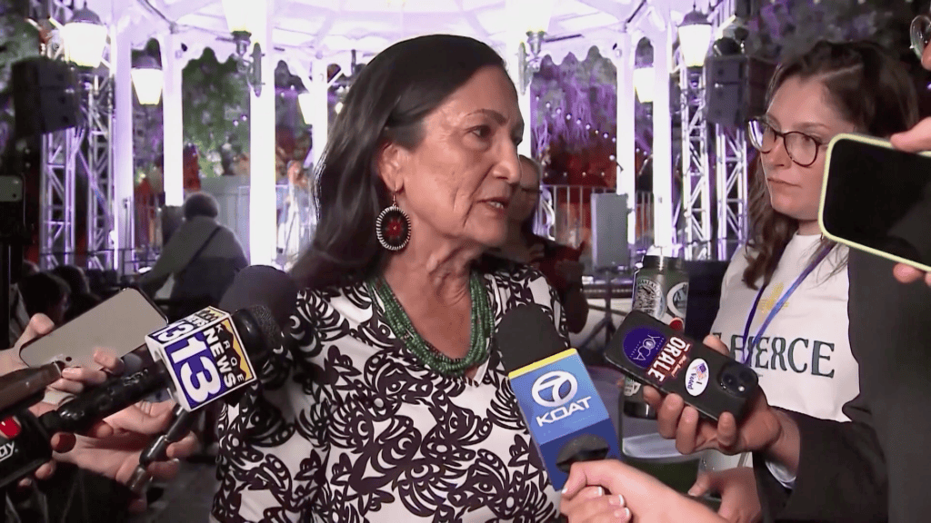 Deb Haaland speaks to media following win for democrat candidate for New Mexico Governor