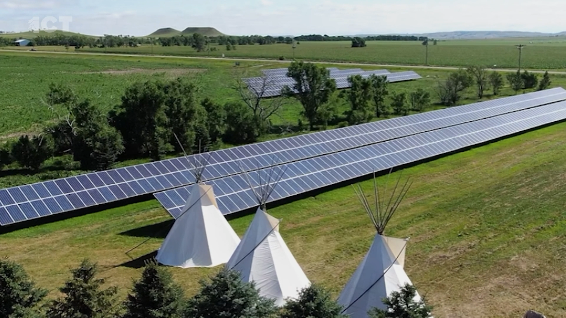 Solar panels set up near Native American teepees housing as tribes gather to discuss how to move forward 10 years after the NoDAPL movement