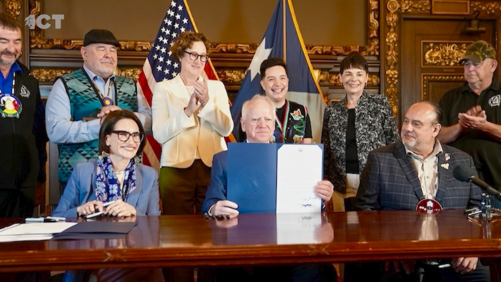 Minnesotas Lieutenant Governor Peggy Flanagan with Governor Tim Walz who signed and celebrate a 3,400 acre Landback for the Fond Du Lac Band