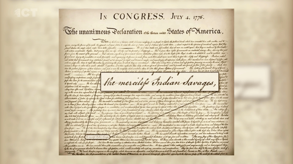 Declaration of Independence with magnified text that highlights Merciless Savage Indians