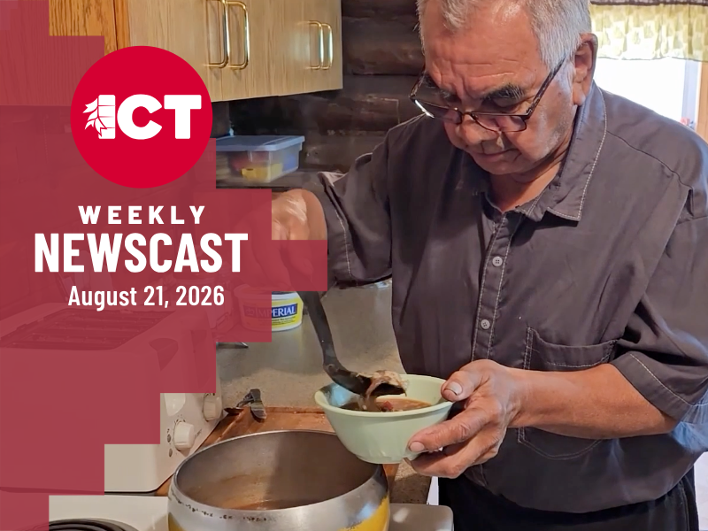 Manigotagan First Nation elder Charles Simard pours soup in bowl on newscast