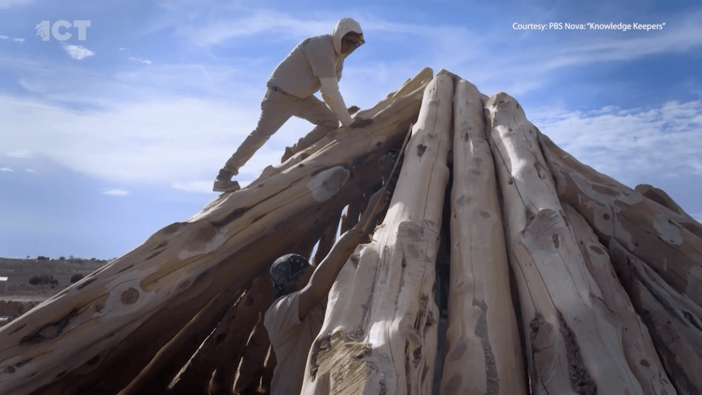 PBS series NOVA shares ancestral knowledge in its latest episode "Knowledge Keepers" in this scene two men build an Indigenous structure with logs
