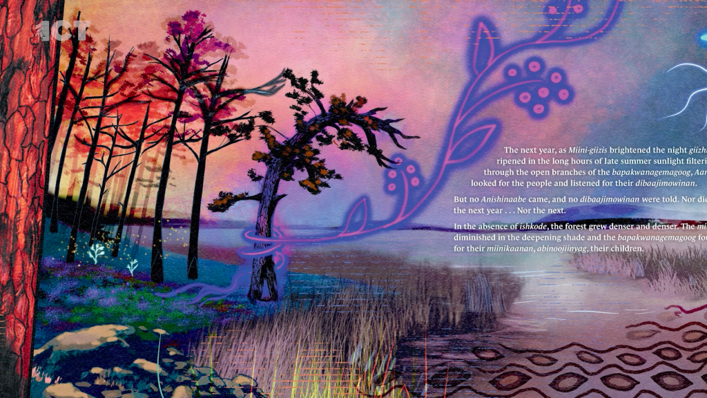 Native American book discusses fire management traditional practices of controlled burning with illustrations of forest in pink, blue, and red blending with water color.